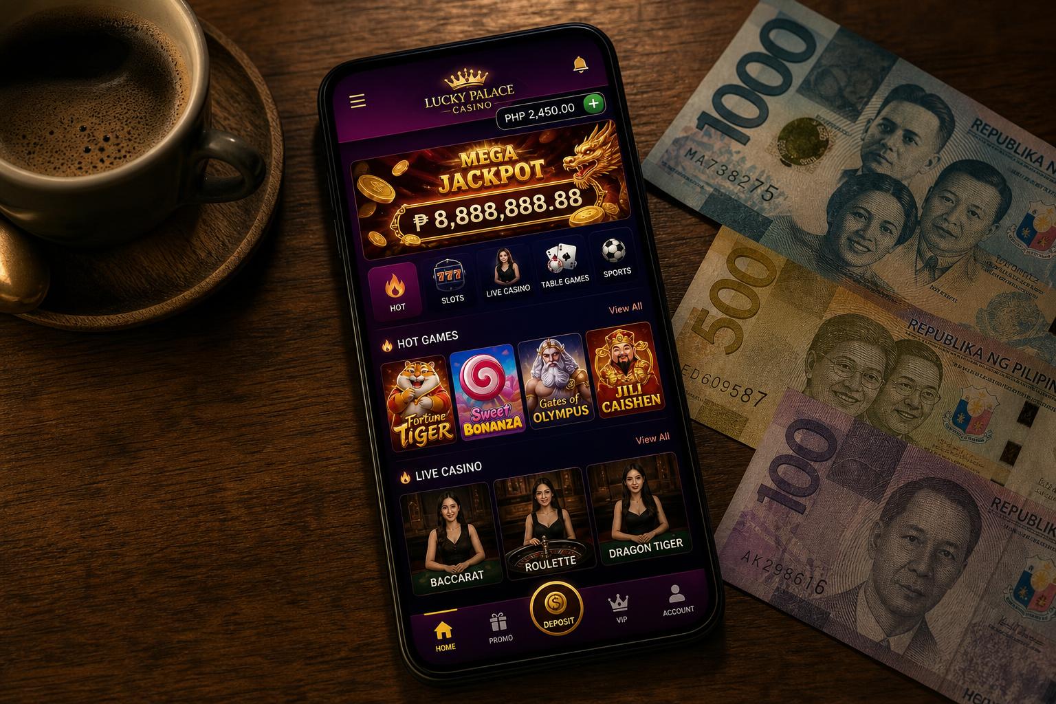 Smartphone na nagpapakita ng online casino app sa Pilipinas
