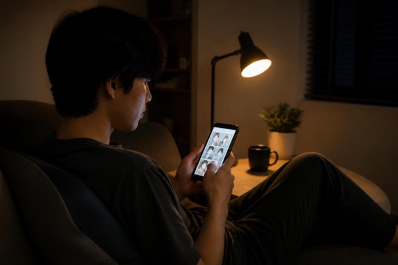 Ilustrasi seseorang membaca komik digital di ponsel pada malam hari